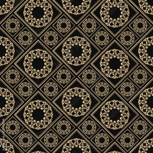 Islamic vector design. Seamless pattern oriental ornament. Black and golden textile print. Floral tiles.