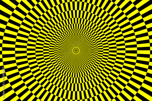 Black and yellow spirals of the rectangles radial expanding from the center, Optical illusion - chessboard swirl,