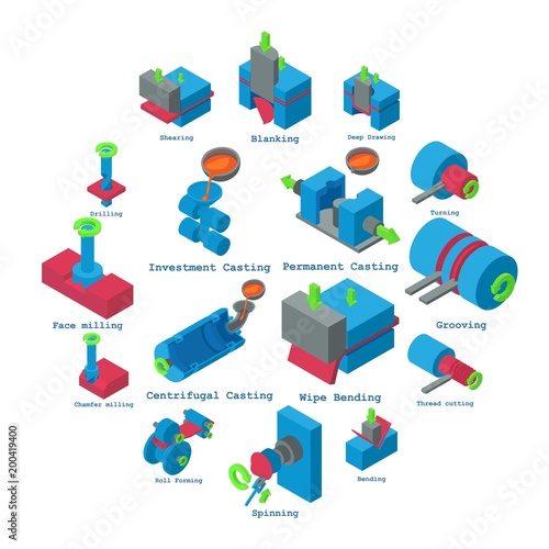 Metalwork icons set, isometric style