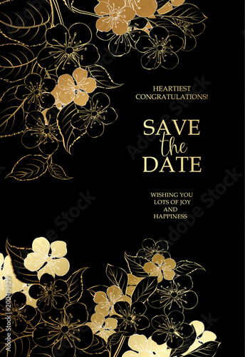 Golden cherry tree branch at the side of vertical invitation card isolated over black background and text place in center. Congratulation text card with Save the date sign.