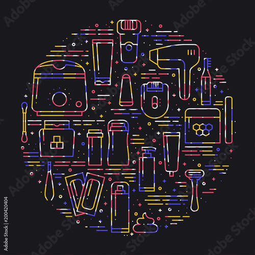 Circle with hair removal methods symbols in line style. Shaving sugaring laser waxing epilation depilation tweezing concept theme. Unique hair removal methods round print. Elements, icons.