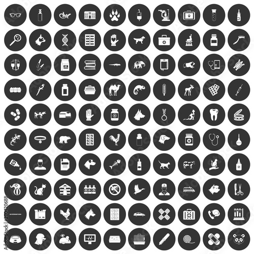 100 veterinary icons set black circle