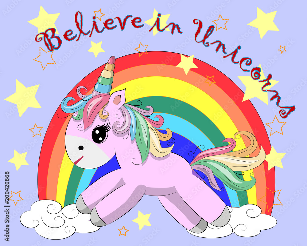 The cute magic Unicorn and fairy elements collection. Inscription Believe in Unicorns The cute magic Unicorn and fairy elements collection. Inscription Believe in Unicorns