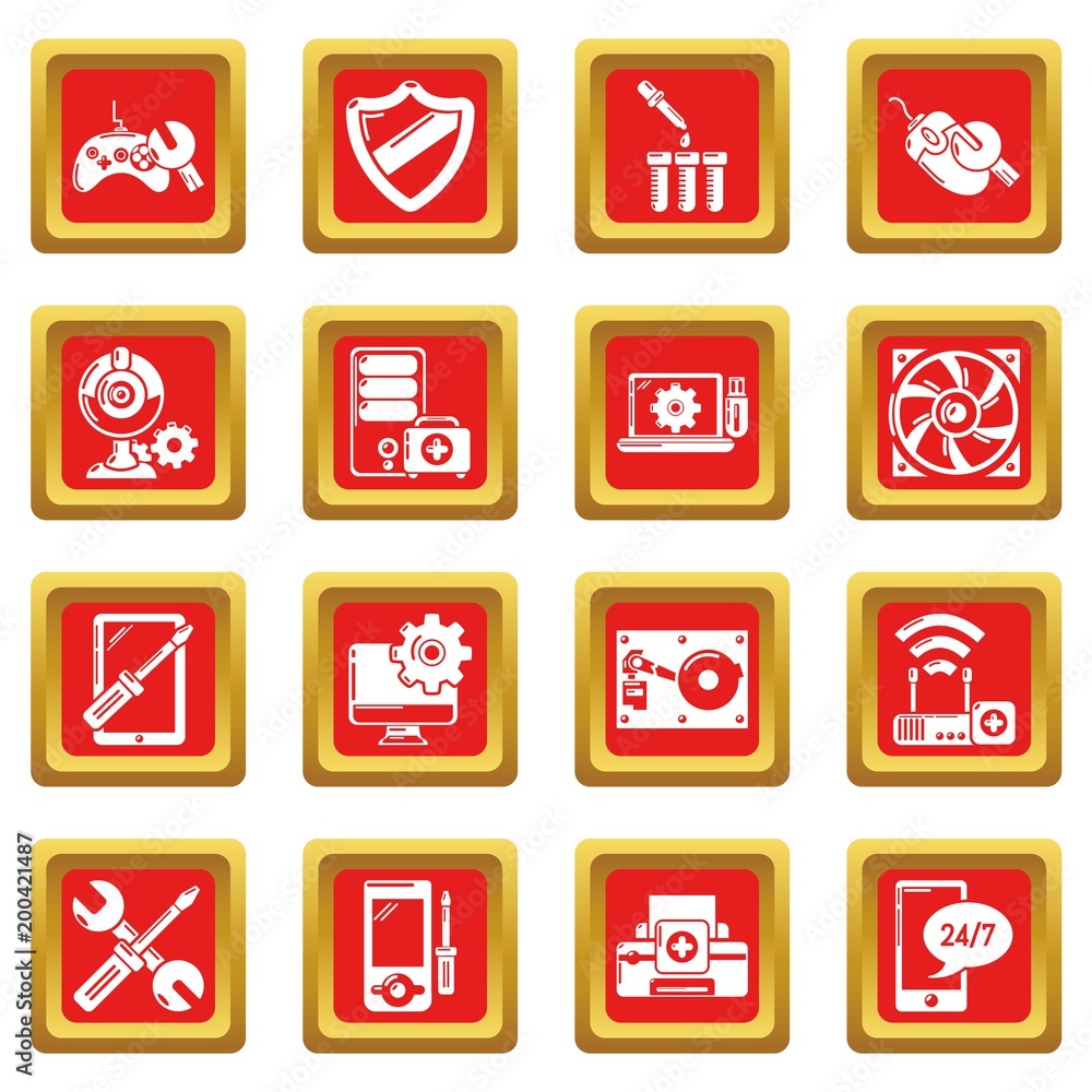 Fototapeta premium Computer repair service icons set red square vector