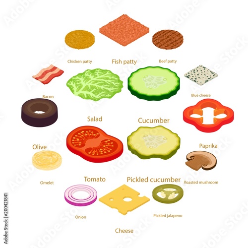 Slice food icons set, isometric style