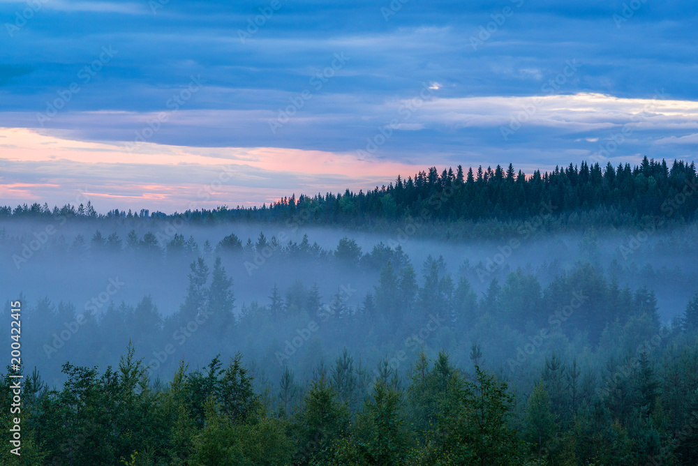 Misty summer night landscape with colorful cloudy sky
