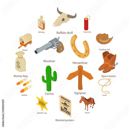 Wild west icons set, isometric style