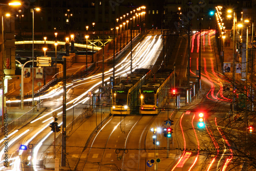 Photography Long exposure view of busy multilane Margit Boulevard and Margaret Bridge with y