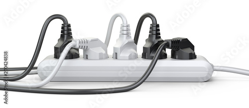 The electrical extension strip with connected power plugs front view.