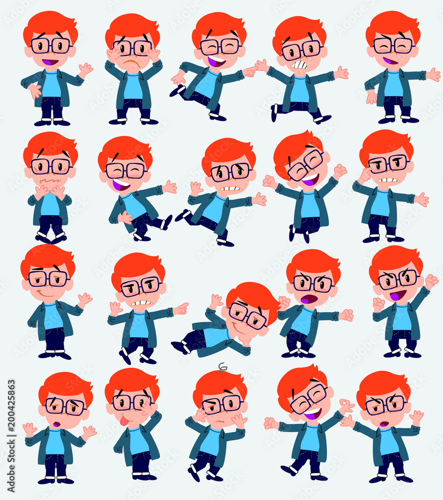 Cartoon character white boy with a glasses. Set with different postures, attitudes and poses, doing different activities in isolated vector illustrations.