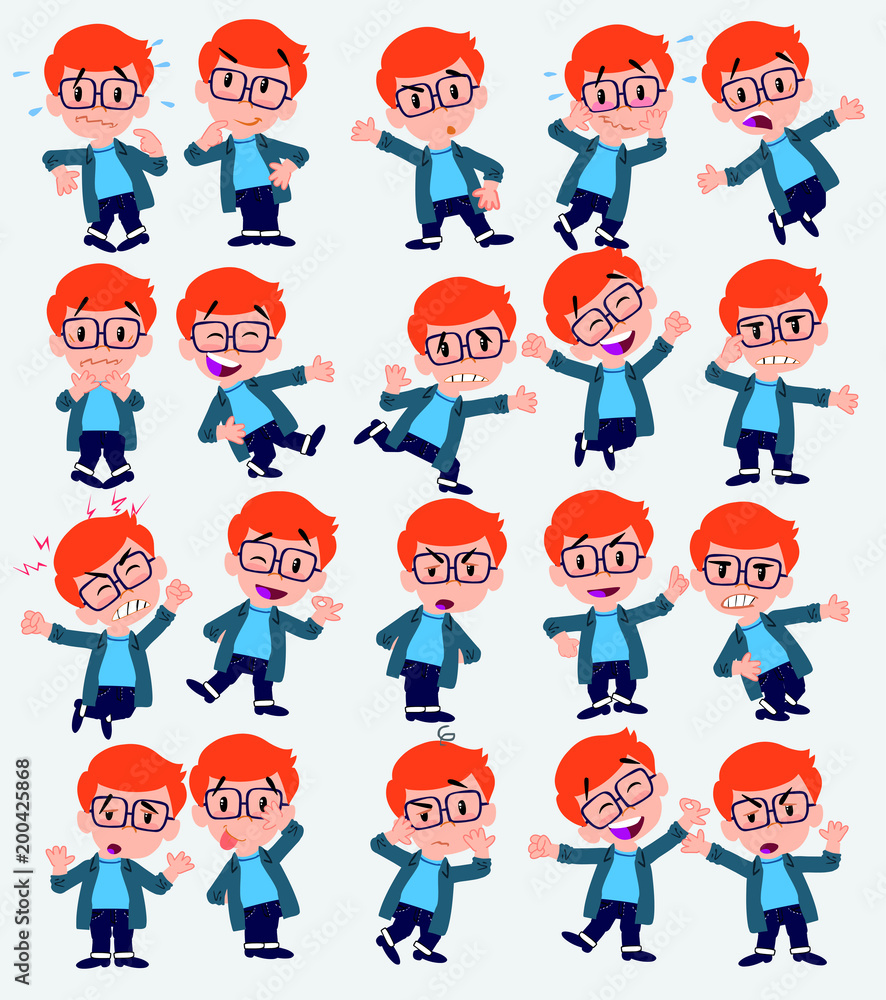 Cartoon character white boy with a glasses. Set with different postures, attitudes and poses, doing different activities in isolated vector illustrations. Cartoon character white boy with a glasses. Set with different postures, attitudes and poses, doing different activities in isolated vector illustrations.
