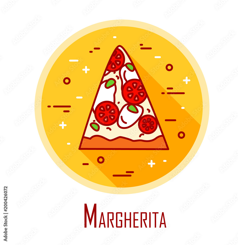 Vector icon with slice of pizza Margherita in a coloured circle. Vector banner for fast food. Thin line flat design. Vector icon with slice of pizza Margherita in a coloured circle. Vector banner for fast food. Thin line flat design.