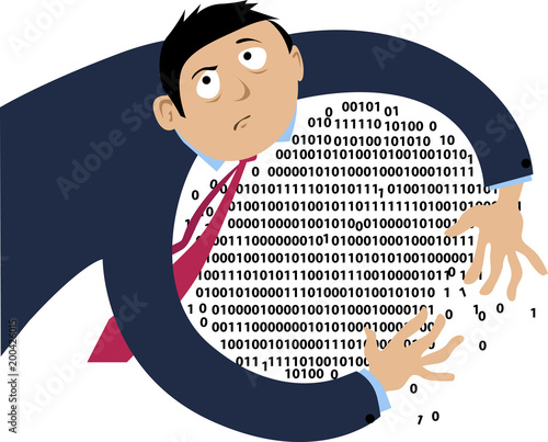 Information hoarder dragging computer code closer to him and guarding it, EPS 8 vector illustration