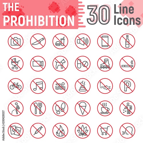 Prohibition line icon set, forbidden symbols collection, vector sketches, logo illustrations, ban signs linear pictograms package isolated on white background, eps 10.