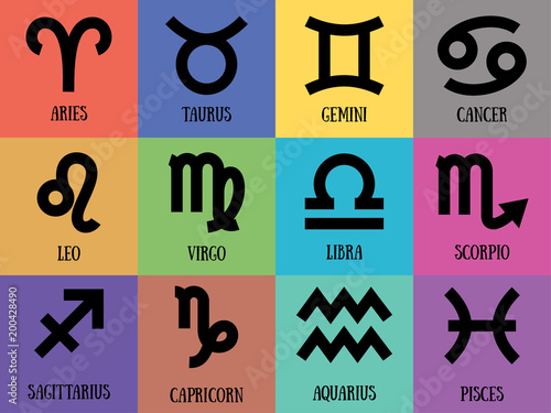 Zodiac signs: aquarius, virgo, capricorn, sagittarius, aries, gemini, scorpio, libra, leo, pisces, taurus, cancer. Astrological calendar collection, zodiacal color vector horoscope
