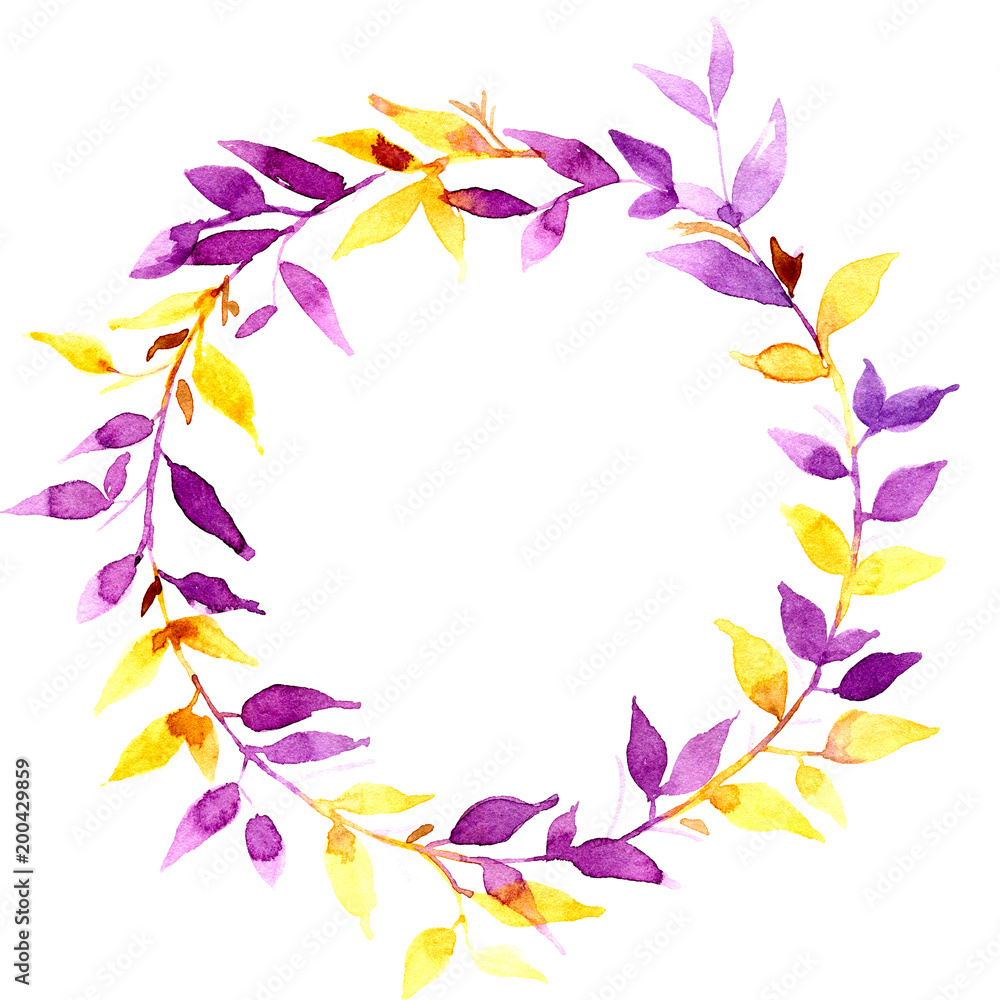Watercolor circle leaf frame with gold and violet colors.