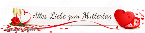 Alles Liebe zum Muttertag - Banner mit Herz Schachtel, Rose, Herz Konfetti und Sekt