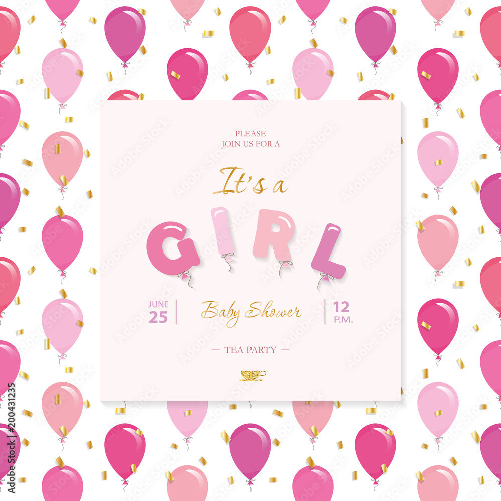 It s a girl. Baby shower template. Included seamless pattern with balloons.