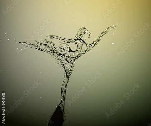 spring tree silhouette like a ballerina stretching her hand green branches to the sun, tree character, spring harmony idea, spring tree dance,