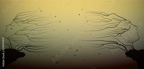 divorce concept, dying relationships between man and woman, couple of people look like autumn tree branches silhouettes, parting,