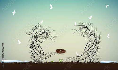 spring character tree concept, two tree silhouette one holding nest with eggs another white birds, spring come, tree alive idea,