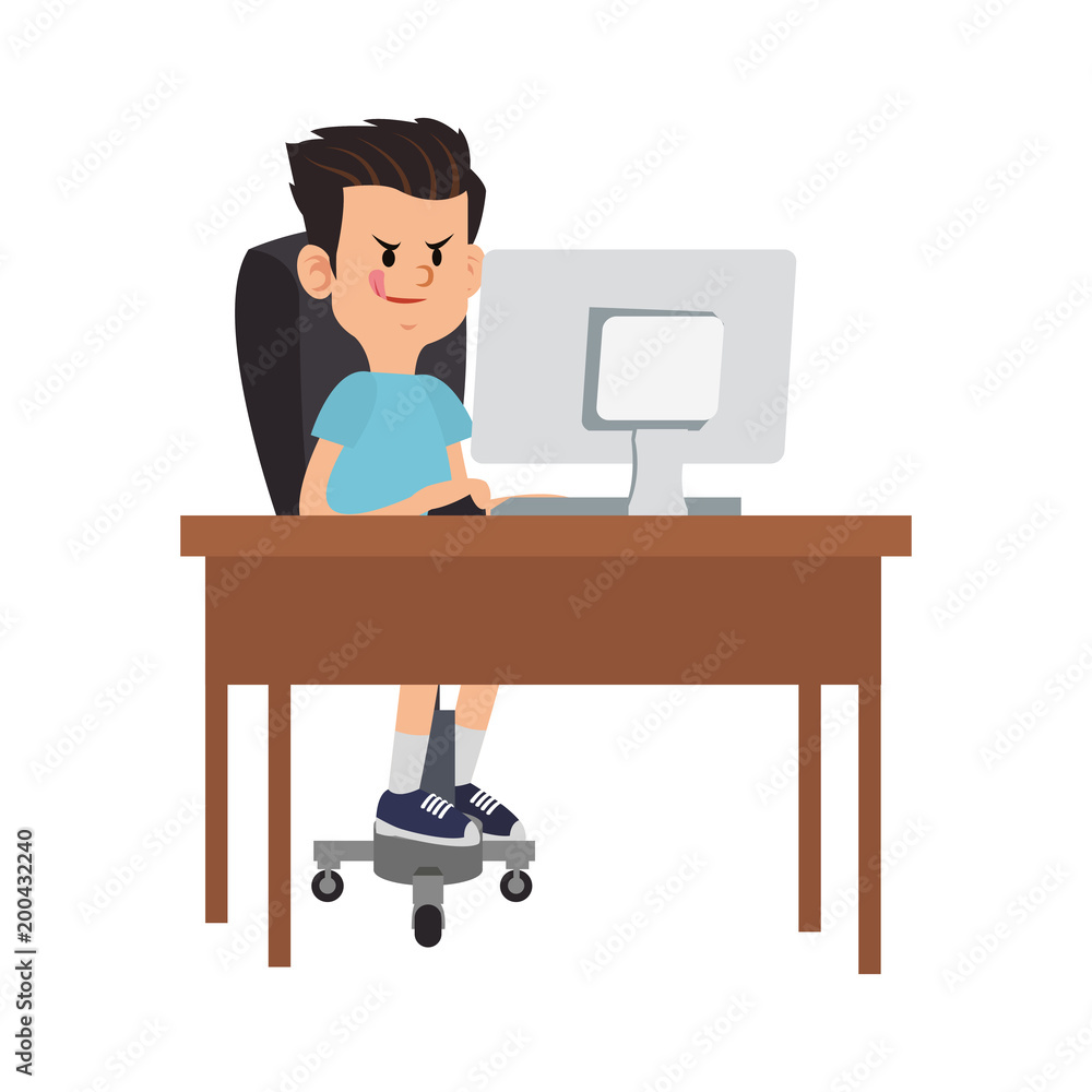 Idle boy using computer cartoon vector illustration graphic design