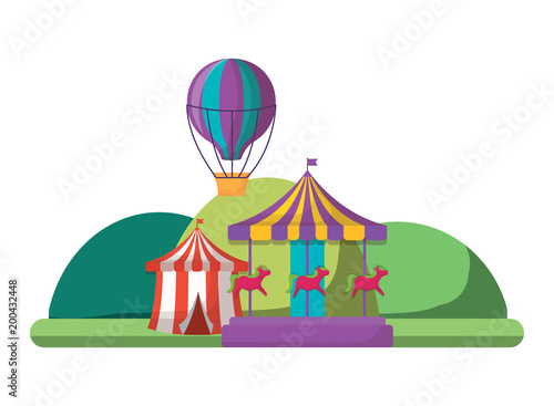 circus tent with hot air balloon and carousel over white background, colorful design.vector illustration