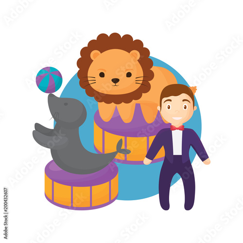 circus animals and announcer man icon over white background, vector illustration