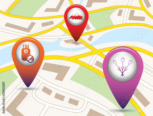 Set of tourism service map pointers on map