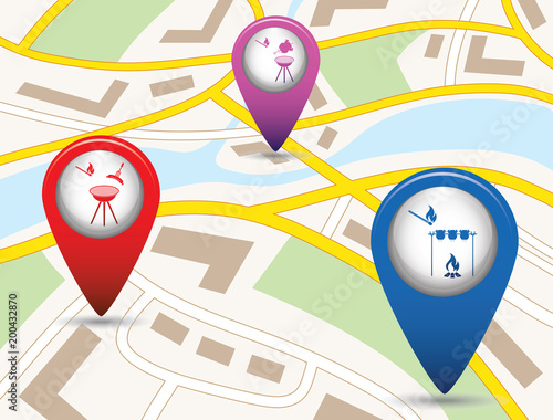 Set of tourism service map pointers on map