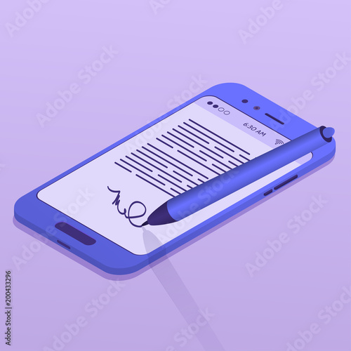 Electronic signature concept. Smartphone with pen. Vector illustration