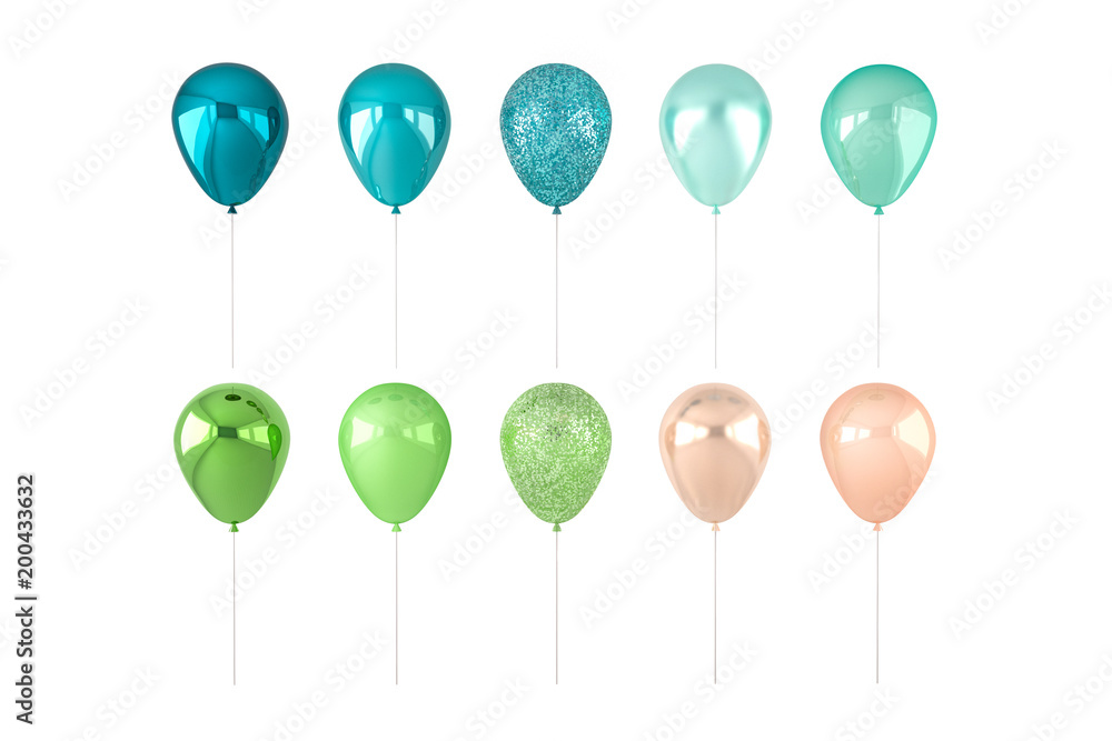Set of 3D render blue, green and golden balloons isolated on white ...
