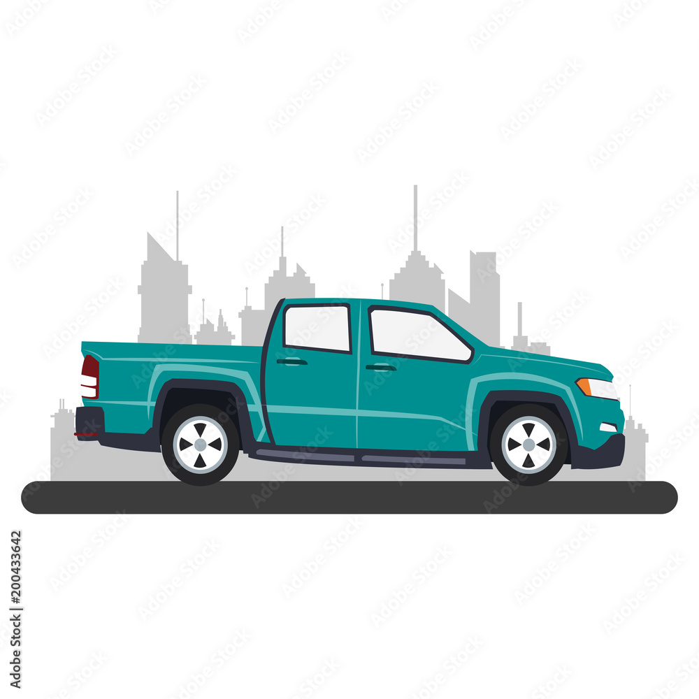 Pick up truck at city over cityscape vector illustration graphic design