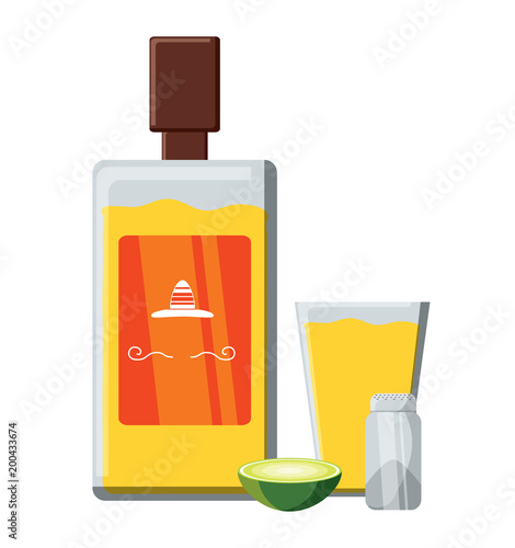 tequila bottle with lemon and salt over white background, colorful design. vector illustration