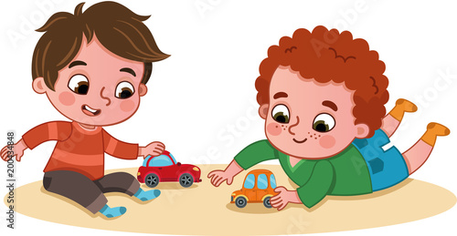 Little boys playing with toy cars. (Vector illustration)