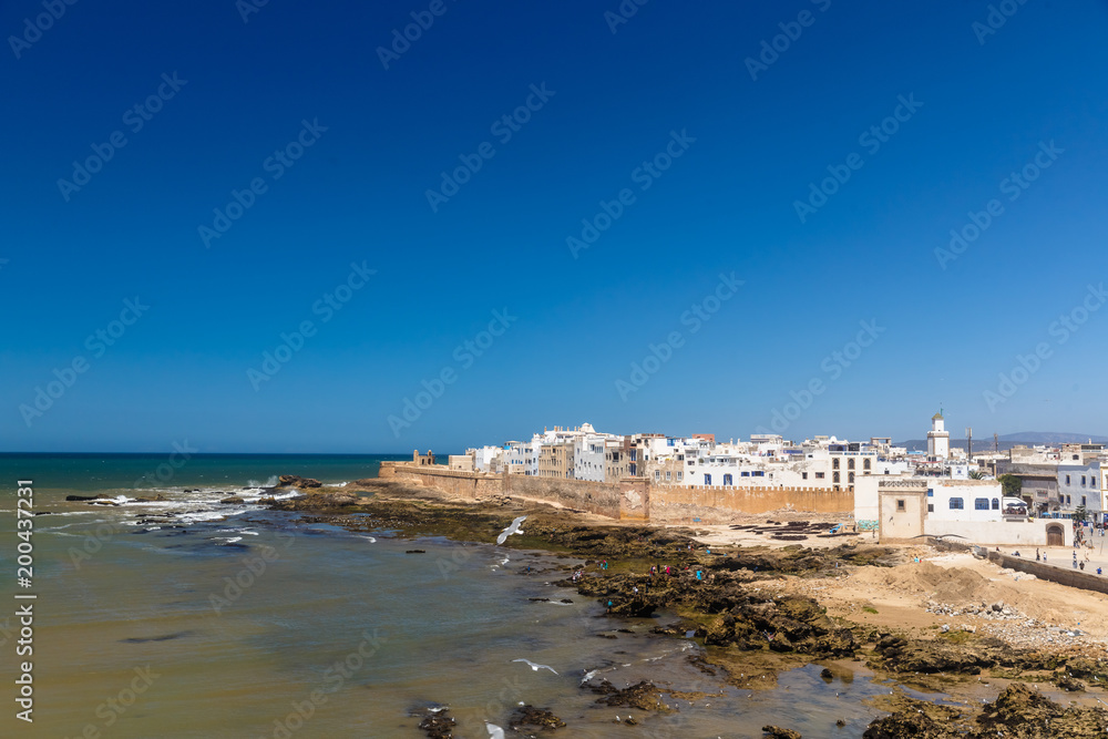 Panoramic view of Essaouira old city and ocean, Morocco