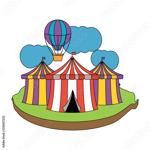 circus tents and hot air balloon icon over white background, colorful design. vector illustration