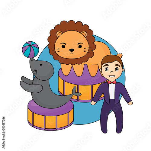 circus show with animals and announcer man over white background, colorful design. vector illustration