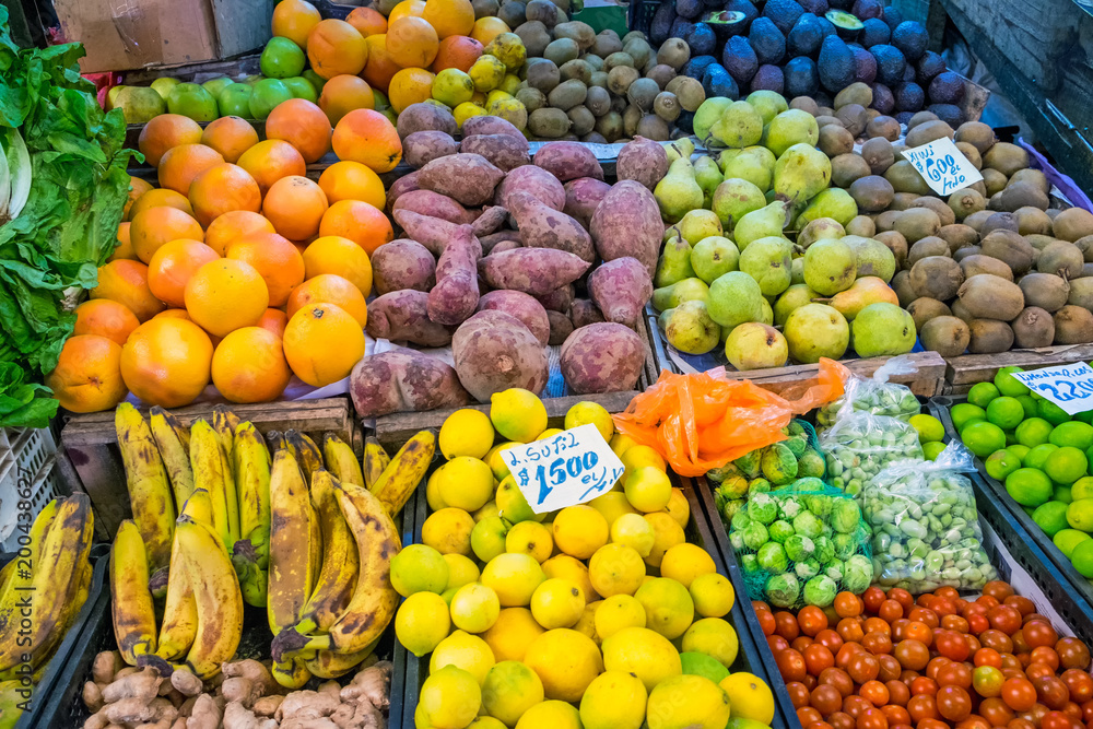 Fruits and vegetables for sale at a market in Valparaiso, Chile