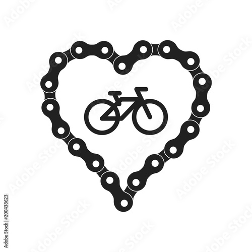 Vector Heart Made of Bike or Bicycle Chain. Black Heart Silhouette Background plus Bicycle Sample Icon