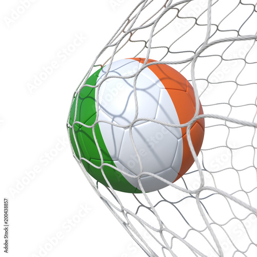 Ireland Irish flag soccer ball inside the net, in a net. © vahekatrjyan