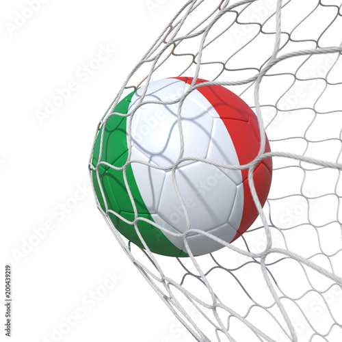 Italy Italian flag soccer ball inside the net, in a net. © vahekatrjyan