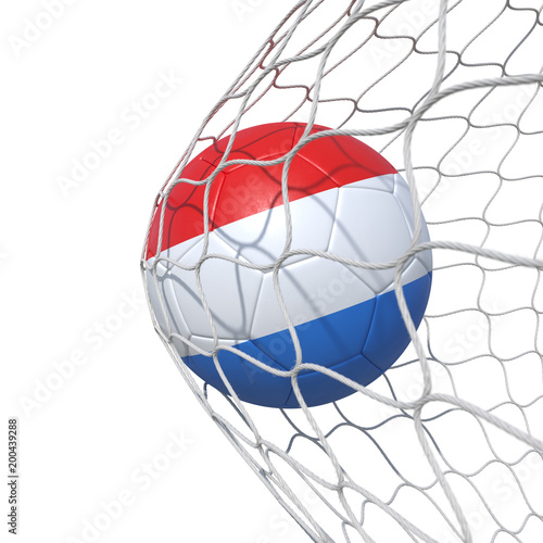 Luxemburg luxembourg flag soccer ball inside the net, in a net.