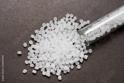 Plastic pellets. Transparent Polyethylene granules. Plastic Raw material .