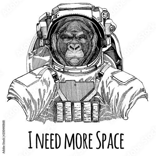 Gorilla, monkey, ape Frightful animal Astronaut. Space suit. Hand drawn image of lion for tattoo, t-shirt, emblem, badge, logo patch kindergarten poster children clothing © helen_f
