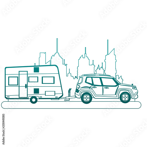 SUV truck towing trailer at city over cityscape vector illustration graphic design