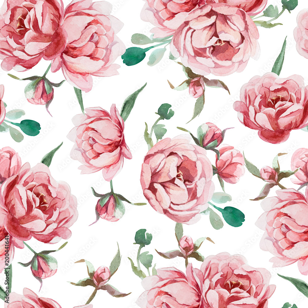 Seamless pattern of watercolor pink, rose, and red peonies and leaves on dark background
