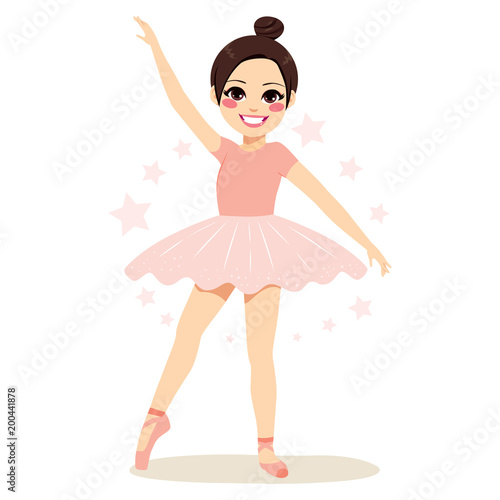 Cute brunette young teenager girl ballerina wearing pink tutu and dancing