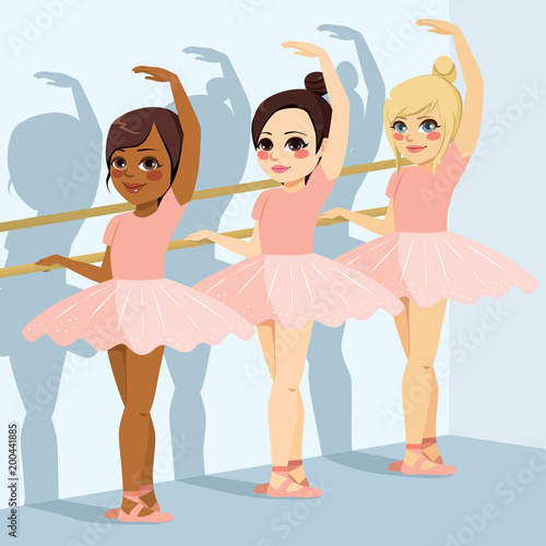 Three cute young diverse teenage girls on ballet class dancing