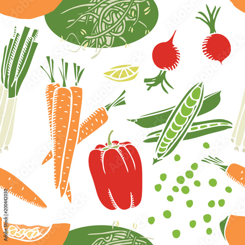 Food collection Pumpkin, carrots and soybean sprouts Seamless pattern